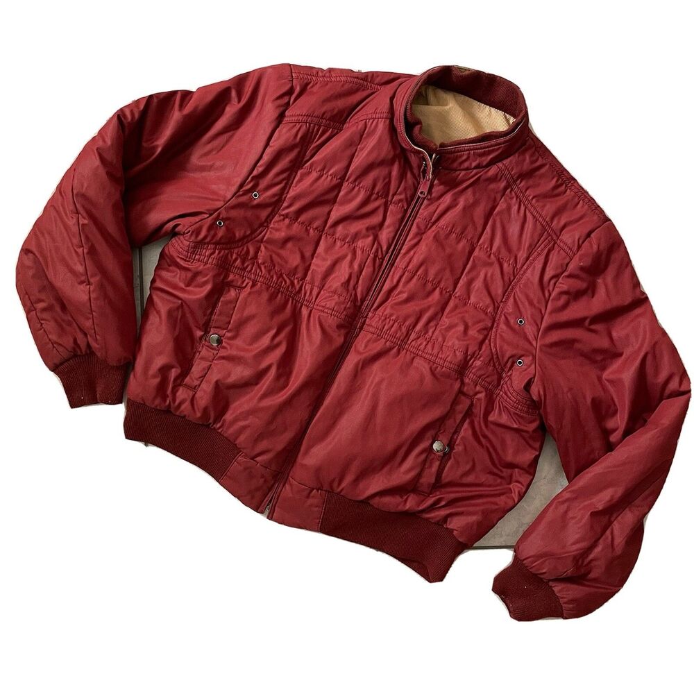 Vintage 80s Womens Campus Bomber Reversible Jacket L 46 Burgundy Red